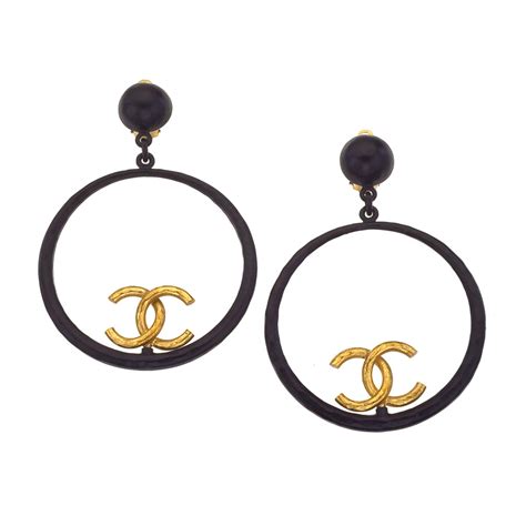 chanel black and gold hoop earrings|vintage gold chanel earrings.